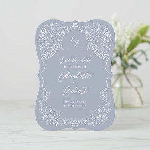 Reserve A Data Azul Empoeirado Monograma de Casamento com Floreio