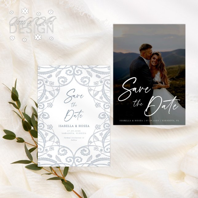 Reserve A Data Azul Empoeirado Prata Macia Renda Floral Casamento (Criador carregado)