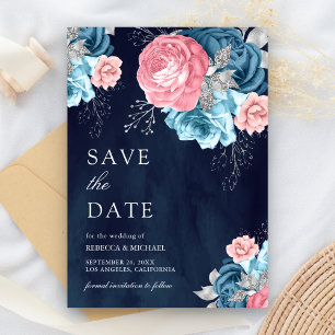 Reserve A Data Azul Empoeirado Rosa Floral Rosa Marinho Casamento