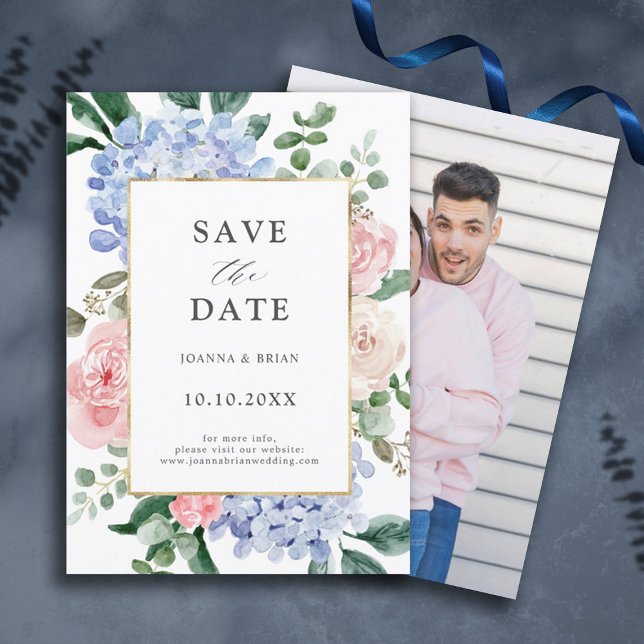 Reserve A Data Azul-hídrangeas rosas rosa pastel Foto (dusty blue pink hydrangea floral photo save the date)