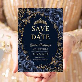 Reserve A Data Azul Marinho Dourado Floral Quinceanera