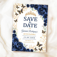 Azul Marinho Dourado Floral Quinceanera