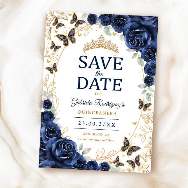 Reserve A Data Azul Marinho Dourado Floral Quinceanera (Criador carregado)