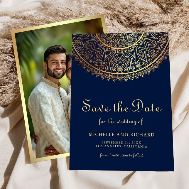 Reserve A Data Azul Marinho Dourado Mandala Casamento Indiano Fot (Criador carregado)