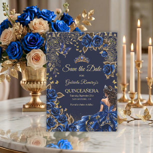 Reserve A Data Azul Marinho Dourado Tiara Rosas Quinceañera