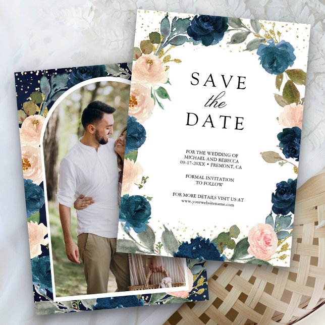 Reserve A Data Azul Marinho e Floral de Pêssego Foto Casamento (Criador carregado)