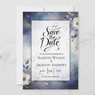 Reserve A Data Azul Marinho e Floral Dourado para Casamento Save 