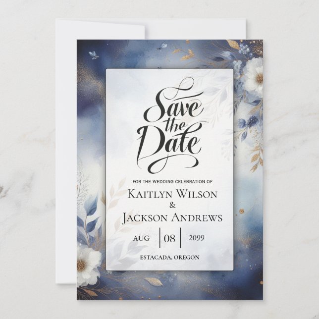 Reserve A Data Azul Marinho e Floral Dourado para Casamento Save  (Frente)