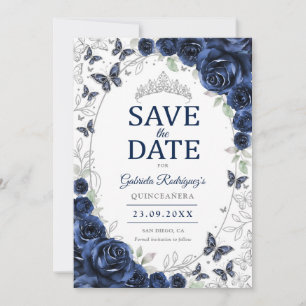 Reserve A Data Azul Marinho Floral Quinceanera Prata