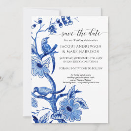 Reserve A Data Azul Marinho Vintage com Floral Chinoiserie Branco