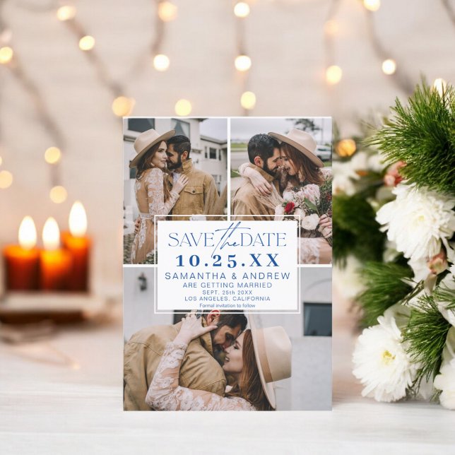 Reserve A Data Azul moderno salve a data 3 fotos com colagem em g (Modern blue save the date 3 photos grid collage)