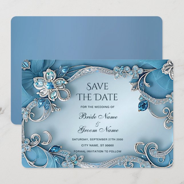 Reserve A Data Azul Ornamentado Floral Salvar a Data (Frente/Verso)