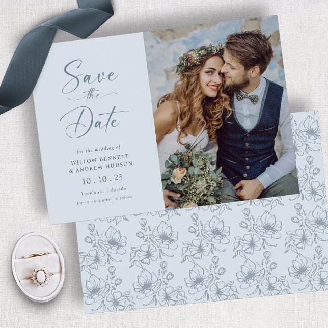Reserve A Data Azul Poeirento Floral (Dusty Blue Floral Save The Date
)