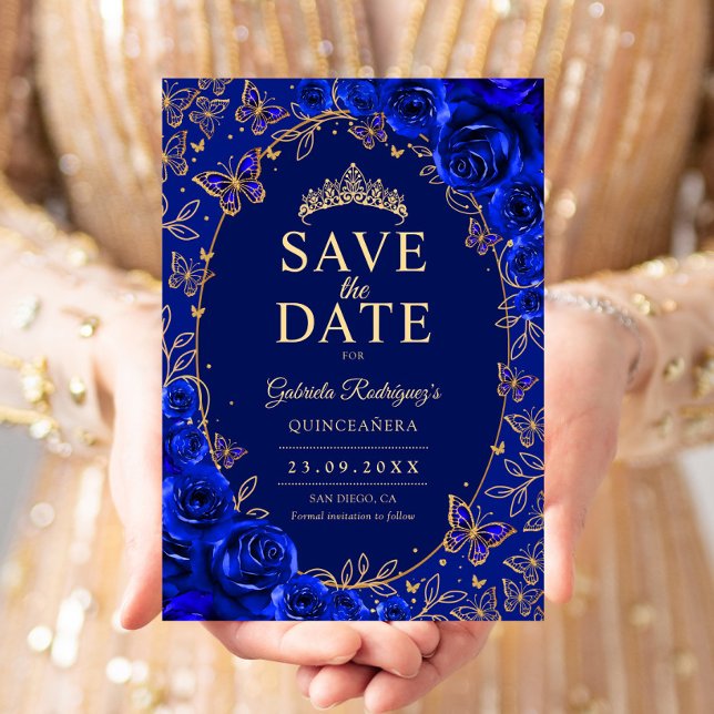 Reserve A Data Azul Real Dourado Floral Quinceanera (Criador carregado)