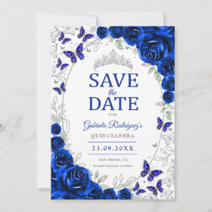 Reserve A Data Azul Real Floral de Prata Quinceanera