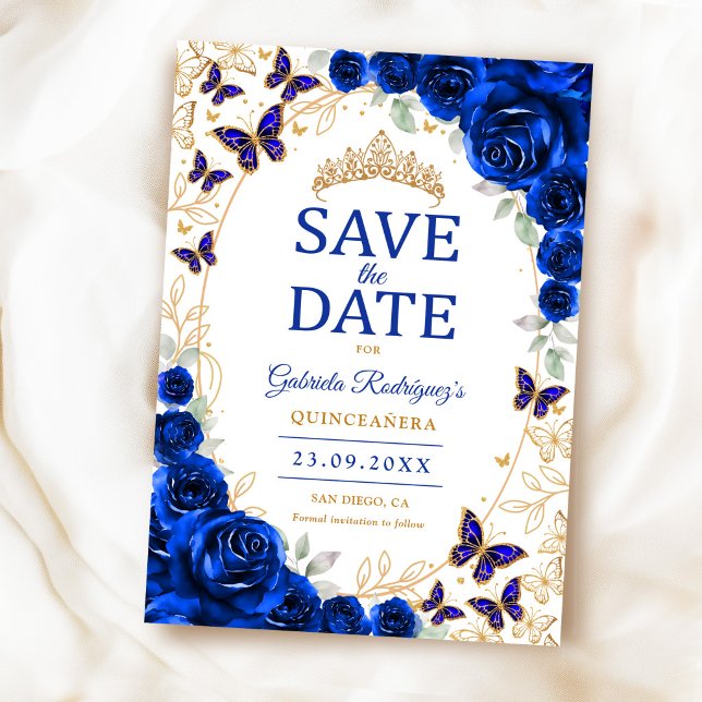 Reserve A Data Azul Real Floral Dourado Quinceanera (Criador carregado)
