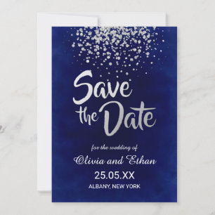 Reserve A Data Azul Real Moderno e Confetti Prateado