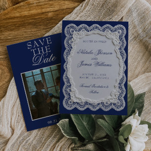 Reserve A Data Azul Royale Renda Doily Dinheiro Antigo Foto Casam