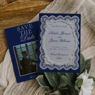 Reserve A Data Azul Royale Renda Doily Dinheiro Antigo Foto Casam