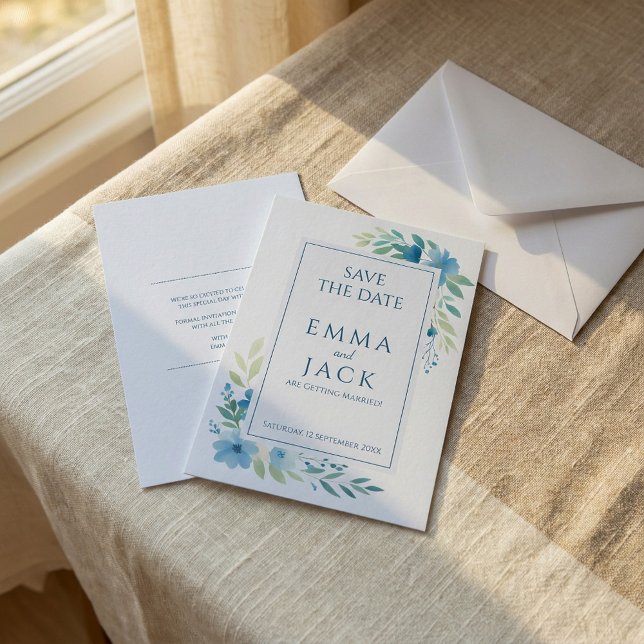 Reserve A Data Azul verde verde elegante casamento salva a data (Blue floral greenery elegant wedding save the date.)