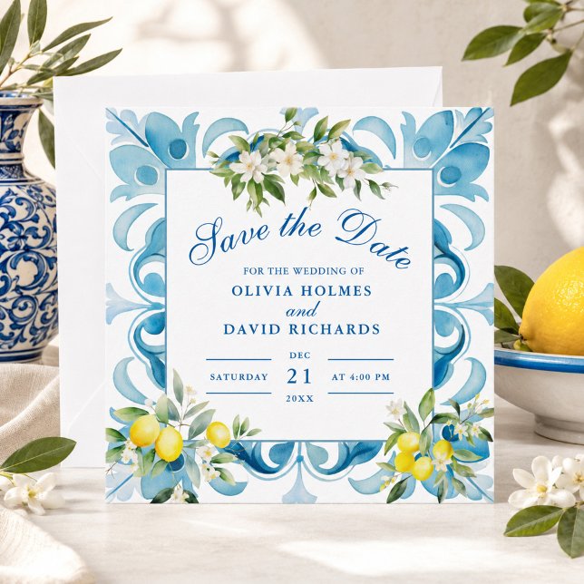 Reserve A Data Azulejo Azul de Limão da Costa Amalfitana Casament (Amalfi Coast Lemon Wedding Blue Tile Save The Date)