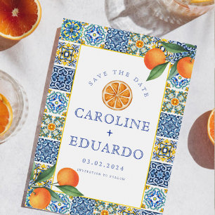 Reserve A Data Azulejo Azul Laranja Casamento Mediterrâneo Código