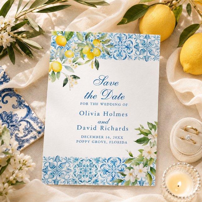 Reserve A Data Azulejo Azul Limão Mediterrâneo Costeiro (Mediterranean Lemon Blue Tile Coastal Save The Date)