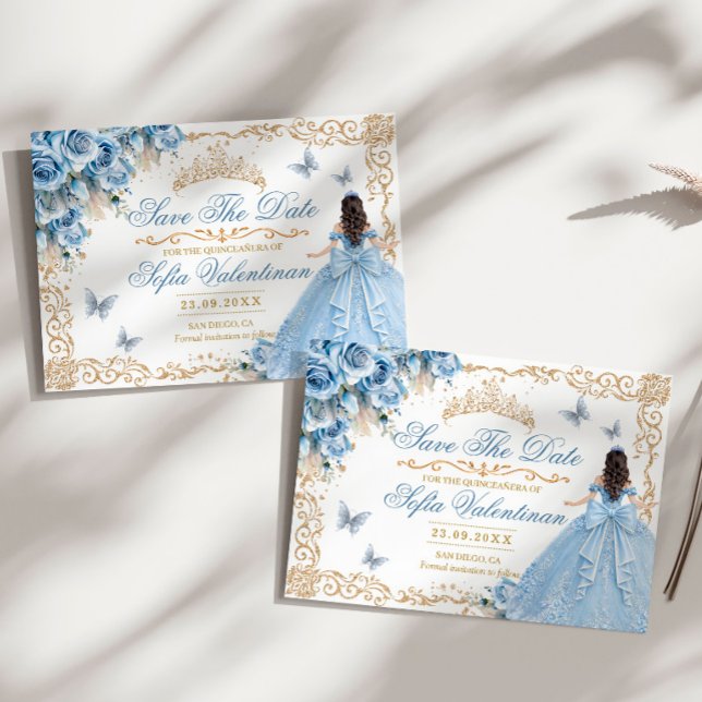 Reserve A Data Baby Blue Dourado Floral Quinceanera (Criador carregado)