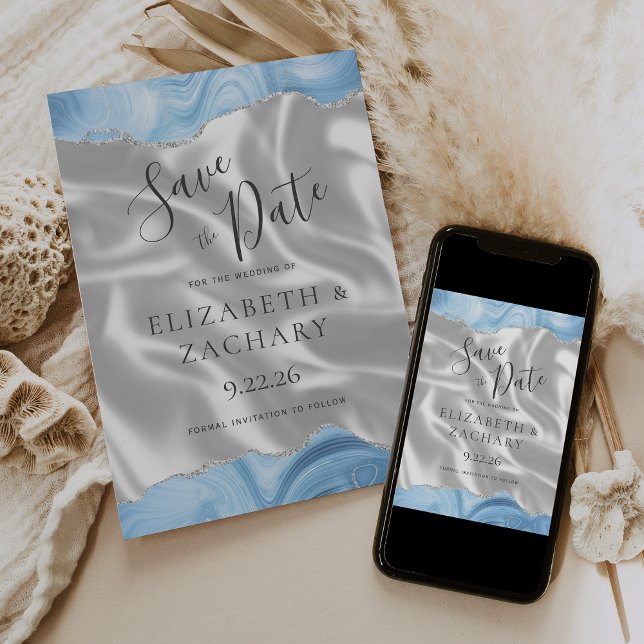 Reserve A Data Baby Blue Silver Ágata Branco Seda Save the Date (Criador carregado)