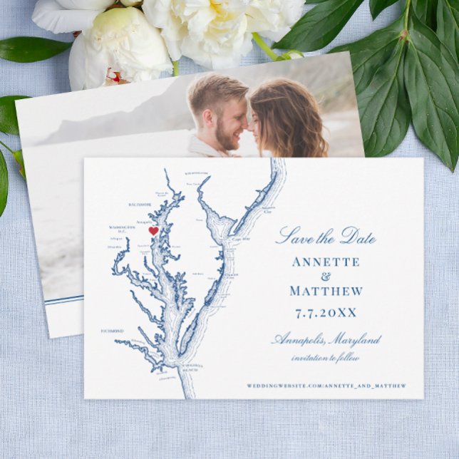 Reserve A Data Baía de Chesapeake Annapolis MD Casamento Azul Mar (Annapolis MD Wedding Map Save the Date with Photo in elegant navy blue from Coastal Map Designs)