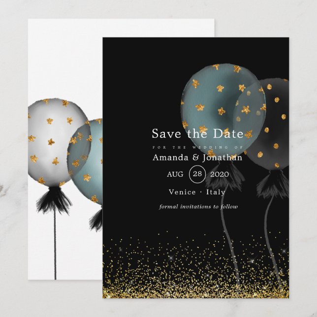 Reserve A Data Balão de casamento com brilho preto e dourado (Frente/Verso)