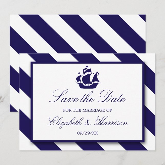 Reserve A Data Bandas Náuticas e Marinho Azul Navio Exceto Data (Frente/Verso)