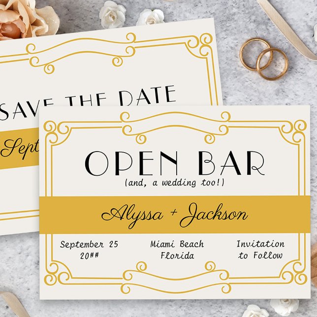 Reserve A Data Bar Aberto Arte Deco Ochre Amarelo e Cinza (Vintage Yellow Wedding Save the Date Card)