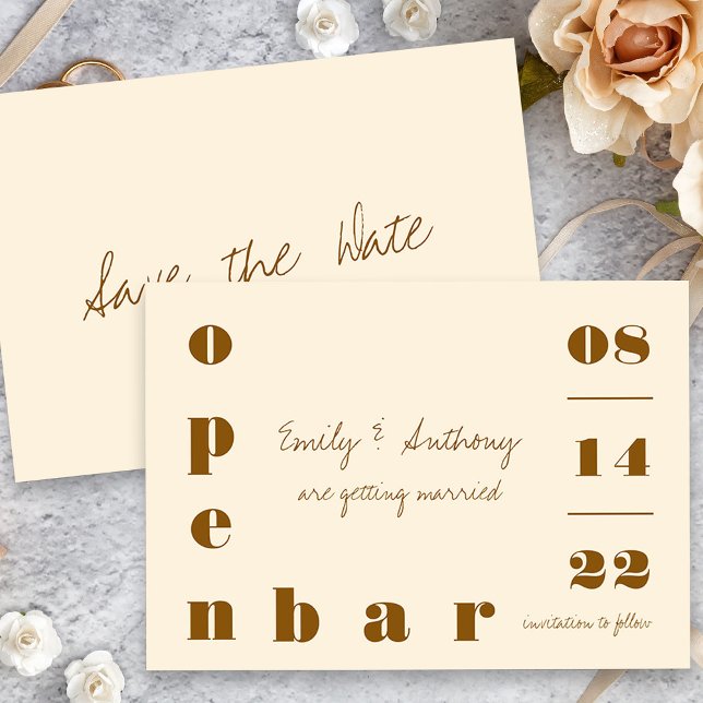 Reserve A Data Bar Aberto Tipografia Superdimensionada Vintage Cr (Open Bar Wedding Save the Date Card with handwritten wording)