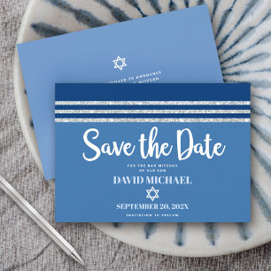Reserve A Data Bar Mitzvah Moderno Ousado Talit Azul Prata Script