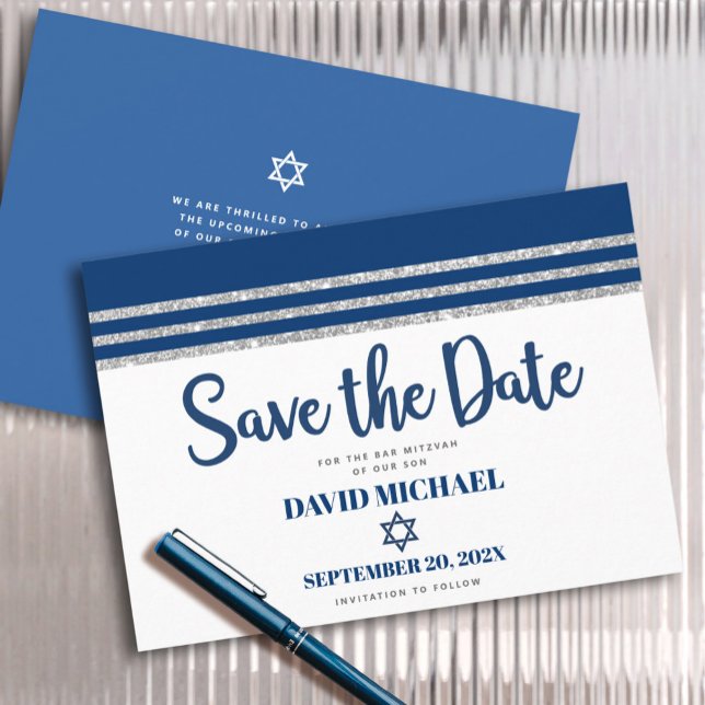 Reserve A Data Bar Mitzvah Moderno Tallit Azul Marinho Prateado S (Criador carregado)