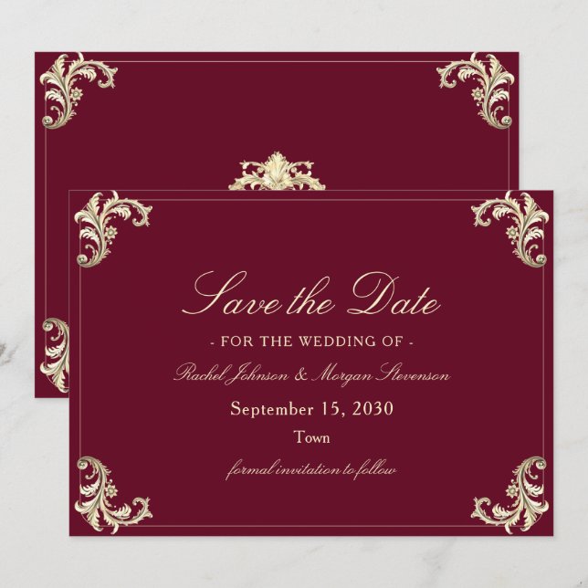 Reserve A Data Barroco Dourado em Borgonha para Casamento (Frente/Verso)