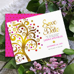 Reserve A Data Bat Mitzvah Chic Dourada, cor-de-rosa e folha verm<br><div class="desc">Certifique-se de que todos os seus amigos e parentes serão capazes de celebrar o marco da sua filha Bat Mitzvah! Envie esta estonteante e esfarrapada folha de ouro gráfica com cor-de-rosa cinza, laranja e Estrela vermelha de David e "folhas" de ponto em um fundo branco, personalizado cartão de anúncio "Salvar...</div>