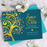 Reserve A Data Bat Mitzvah Dourada e Blue Foil Tree of Life on Te<br><div class="desc">Certifique-se de que todos os seus amigos e parentes serão capazes de celebrar o marco da sua filha Bat Mitzvah! Envie esta estonteante e escura folha de ouro com turquesa brilhante, lacre, púrpura e azul Estrela de David e "folhas" pontiagudas em um rico fundo azul-lacre escuro, personalizado cartão de anúncio...</div>