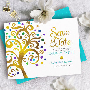 Reserve A Data Bat Mitzvah Dourado Turquesa e Roxo Árvore da Vida