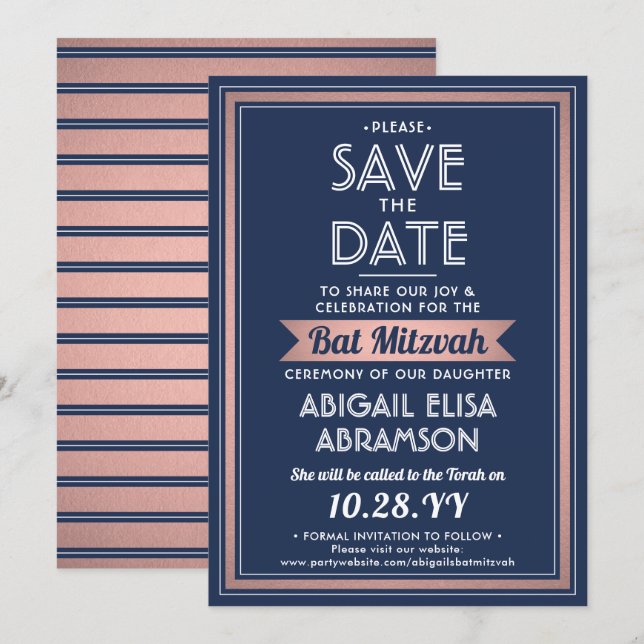 Reserve A Data Bat Mitzvah Marinho Moderno Cor Azul Rosa Dourada  (Frente/Verso)