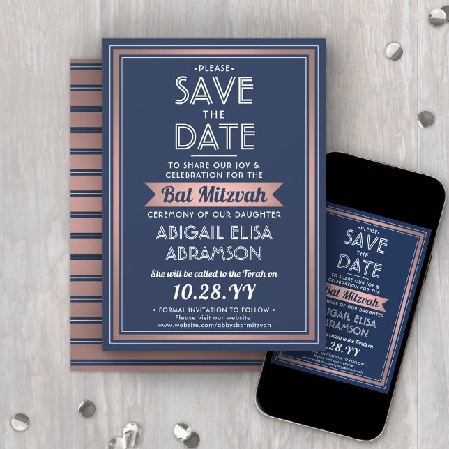 Reserve A Data Bat Mitzvah Moderno Azul Marinho Rosa Dourado Tend (Criador carregado)