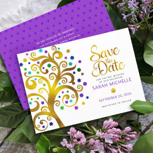 Reserve A Data Bat Mitzvah Roxo com Árvore da Vida em Letra Doura