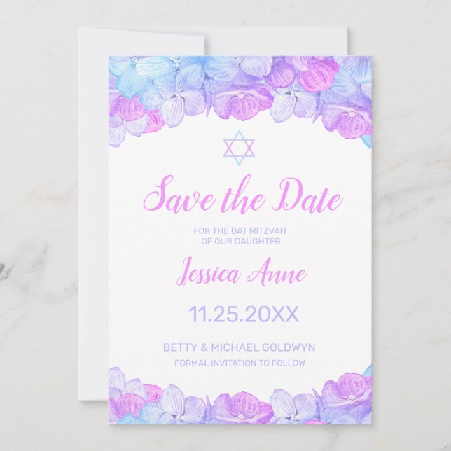 Reserve A Data Bat Mitzvah Watercolo Floral Salvar a Data (Frente)