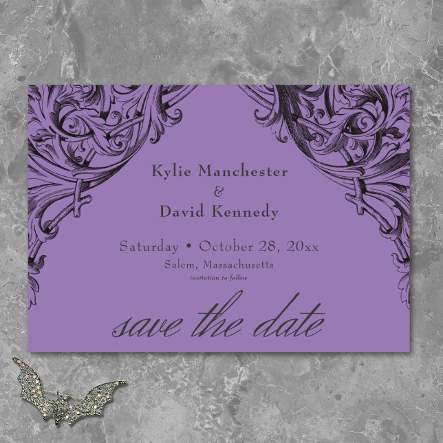 Reserve A Data Bat Vitoriano Até Casamento Preto e Roxo da Morte (Victorian Bat Until Death Black & Purple Wedding Save The Date)