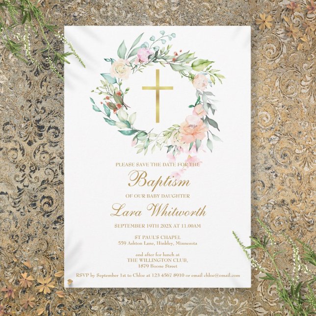 Reserve A Data Batismo Crisma Grinalda Floral Aquarela (Baptism Christening Floral Watercolor Garland Save The Date)