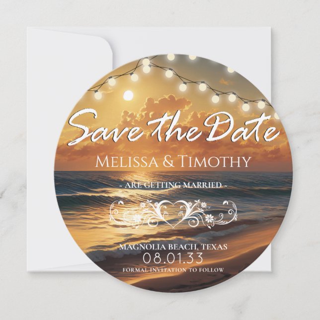 Reserve A Data Beach Sunset Wedding Save the Date (Frente)