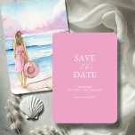 Reserve A Data Beach Watercolor Salva As Datas<br><div class="desc">Anuncie o seu evento com esta opção não fotográfica guarde o cartão de data. Ele apresenta uma mistura de tipografia clássica e de script em branco sobre um fundo rosa sólido. A carta se reverte para uma cena de praia em aquarela com uma mulher parada na orla costeira segurando um...</div>