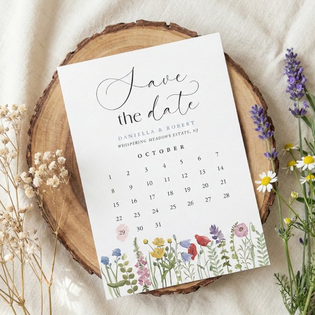 Reserve A Data Beautiful Floral Wildflower Wedding Calendar  (modern save the date calendar wildflower wedding invitation in romantic script calligraphy)