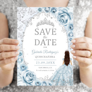 Reserve A Data Bebê Azul Prata Floral Quinceanera